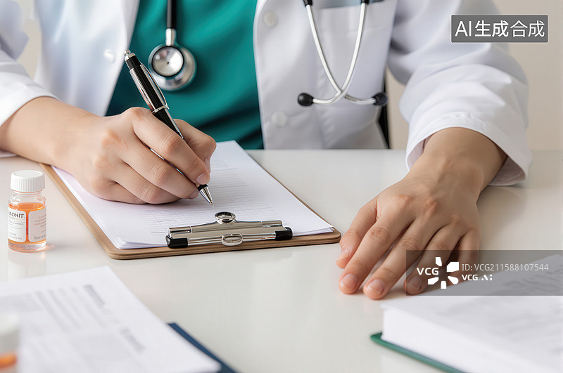 【AI数字艺术】医生书写处方，桌上放置药品与文件图片素材