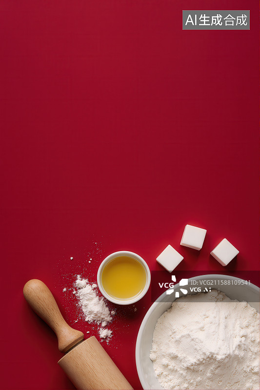 【AI数字艺术】红色背景上的烘焙原料图片素材