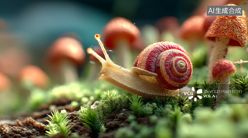 【AI数字艺术】蜗牛在苔藓上的特写图片素材