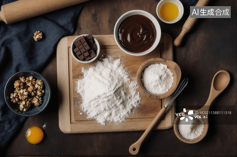 【AI数字艺术】烘焙原料准备：面粉、巧克力与坚果图片素材