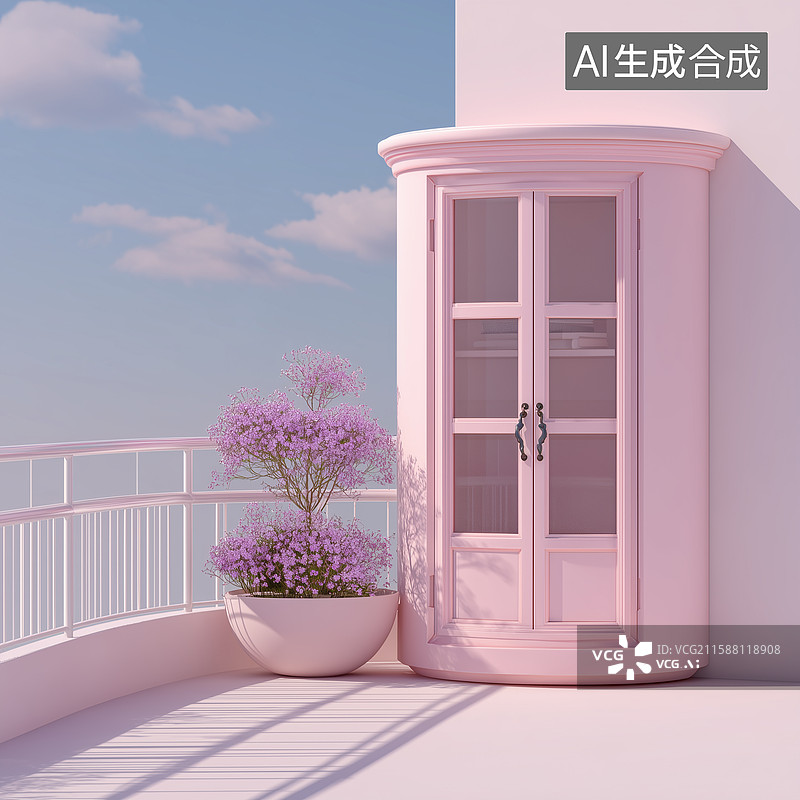 【AI数字艺术】粉色调可爱雕塑柜角落图片素材