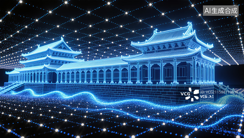 【AI数字艺术】科技感中国古建筑背景图片素材