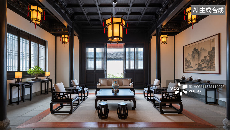 【AI数字艺术】徽派建筑群风光图片素材