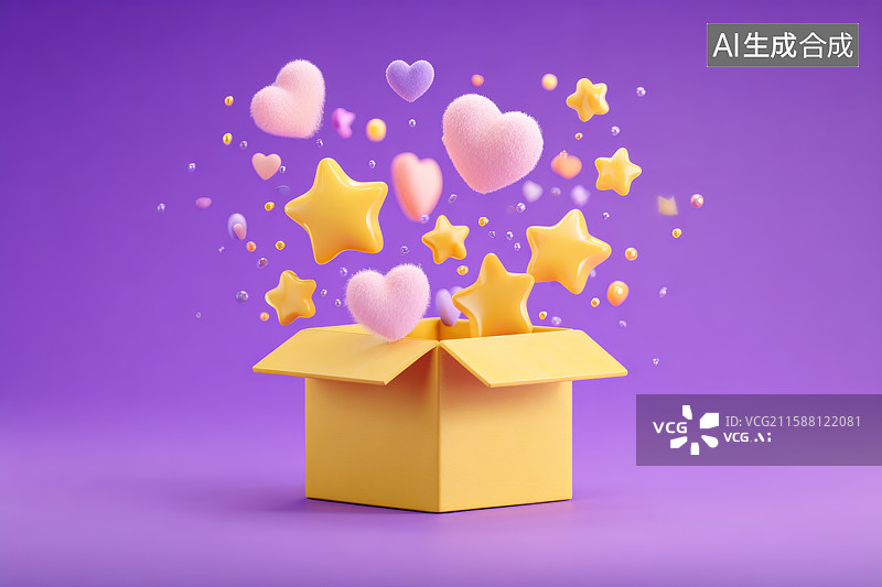 【AI数字艺术】黄色盒子飞出多彩爱心星星图片素材