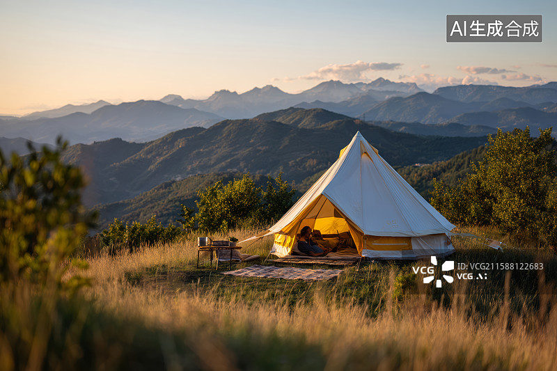 【AI数字艺术】山间日落时分的豪华露营帐篷图片素材
