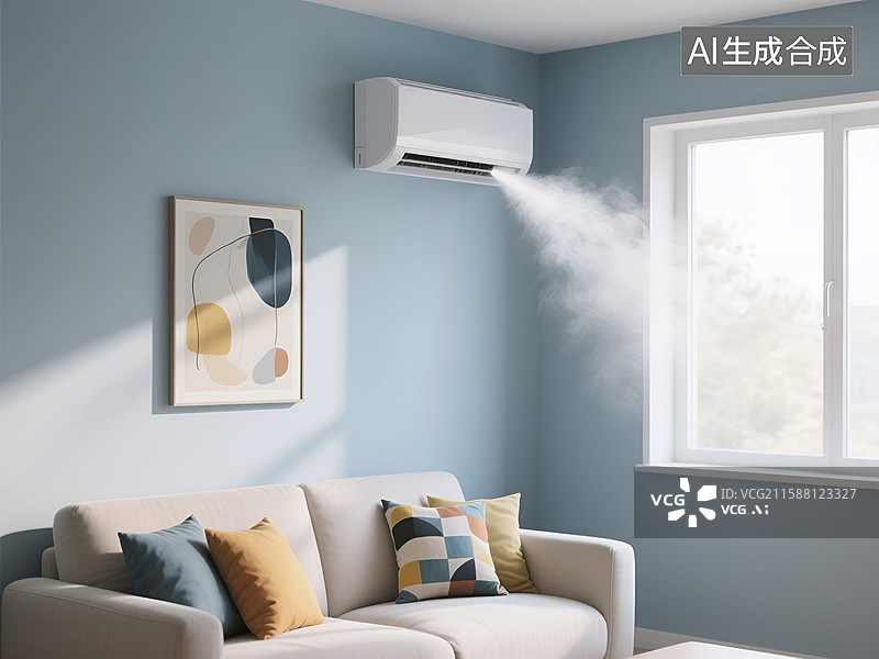 【AI数字艺术】蓝色客厅空调沙发场景图图片素材