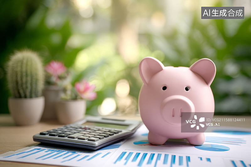 【AI数字艺术】桌上的小猪存钱罐与财务图表图片素材