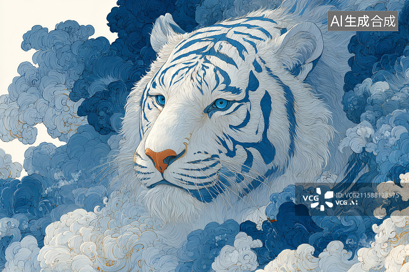 【AI数字艺术】云层中的一只白虎头部特写图片素材