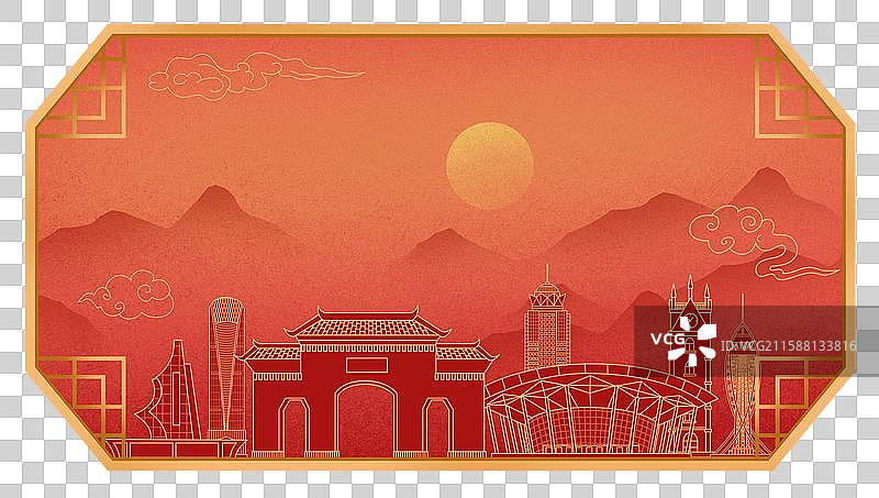 海口红色中秋节中国风新年古典淡雅山峰窗花图片素材