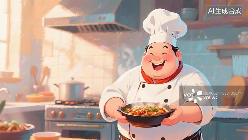 【AI数字艺术】厨师捧着美食插画图片素材
