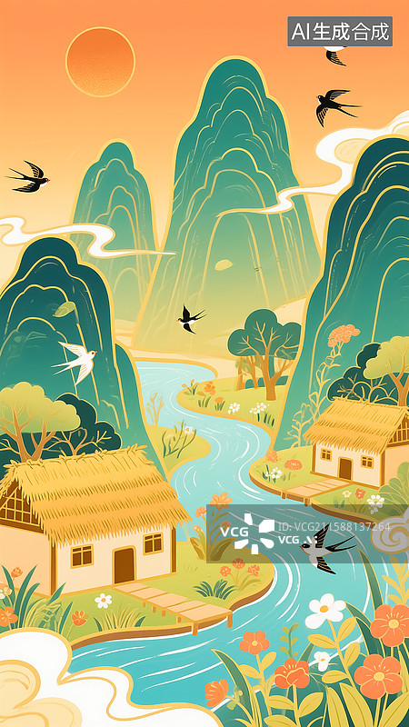 【AI数字艺术】国风山水田园乡村风景插画图片素材