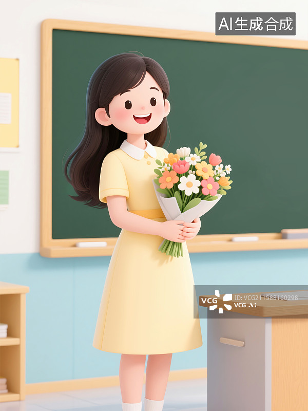 【AI数字艺术】教师节抱着鲜花的女老师插画图片素材