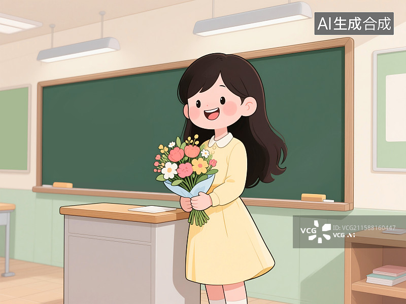 【AI数字艺术】教师节抱着鲜花的女老师插画图片素材
