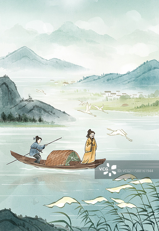 手绘水彩中国风白露节气之划船山水风景治愈系竖图插画图片素材