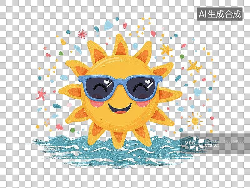 【AI数字艺术】卡通太阳戴墨镜立于海浪，搭配可爱装饰元素，呈现童趣清新的夏日欢乐沙滩艺术插画视觉场景图片素材