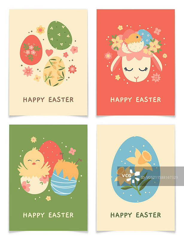 可爱的复活节贺卡套装，包含彩蛋、小鸡和小羊图片素材