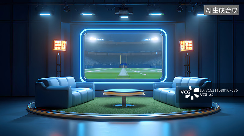 【AI数字艺术】足球比赛场地风格的未来科幻演播厅图片素材