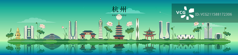 杭州城市地标旅游建筑矢量插画图片素材
