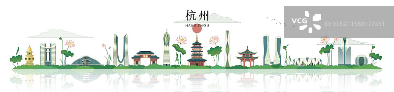 杭州城市地标旅游建筑矢量插画图片素材