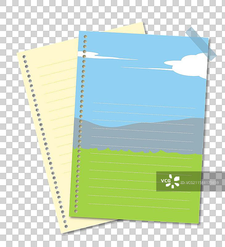 蓝天白云草地卡通插画信纸多纸张交叠书页可爱清新梦幻本子DIY纸张便利贴信纸设计感手账本矢量插画模板素图片素材