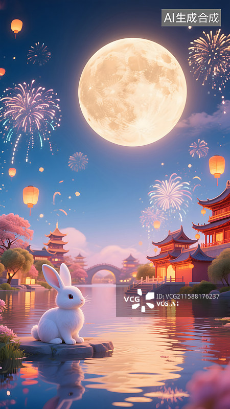 【AI数字艺术】中秋节烟花的古建筑3D插画图片素材