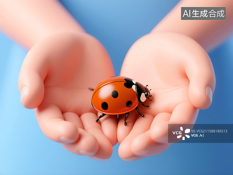 【AI数字艺术】3D立体三维C4D手捧着一只七星瓢虫图片素材