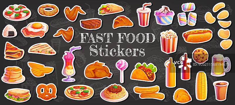 卡通快餐贴纸包，包含餐点和饮料图片素材