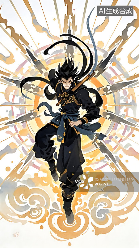 【AI数字艺术】东方武士：水墨风格的跃动图片素材