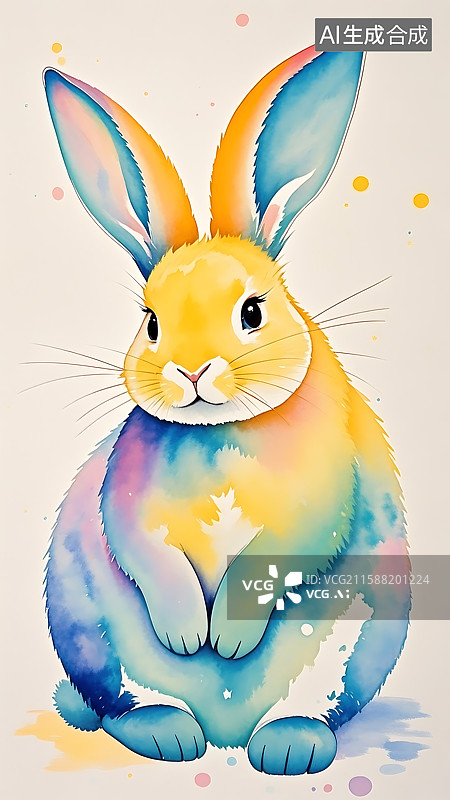 【AI数字艺术】水彩风格彩虹兔图片素材