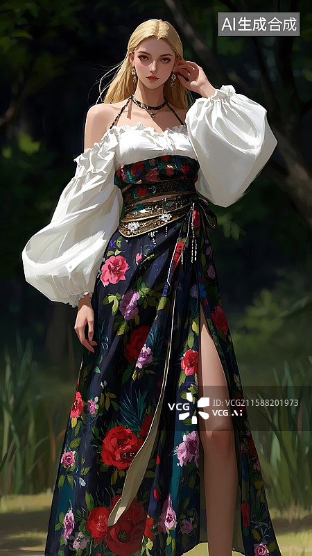 【AI数字艺术】森林中的波西米亚风格女孩图片素材