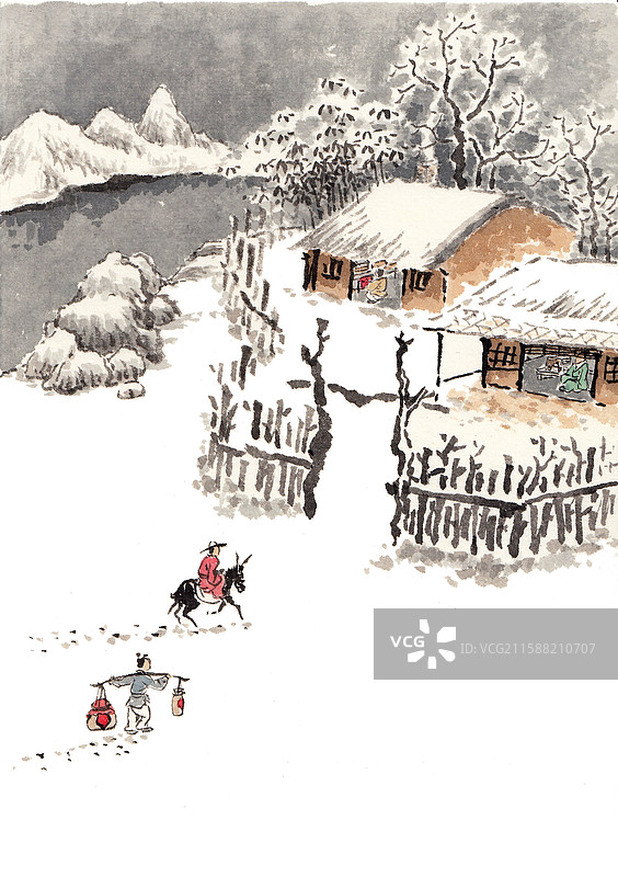 水墨山水手绘插画二十四节气冬日访友图片素材