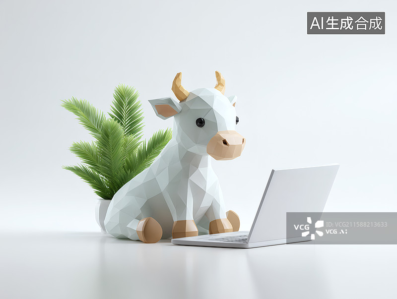 【AI数字艺术】一个卡通小牛正在用电脑上班图片素材