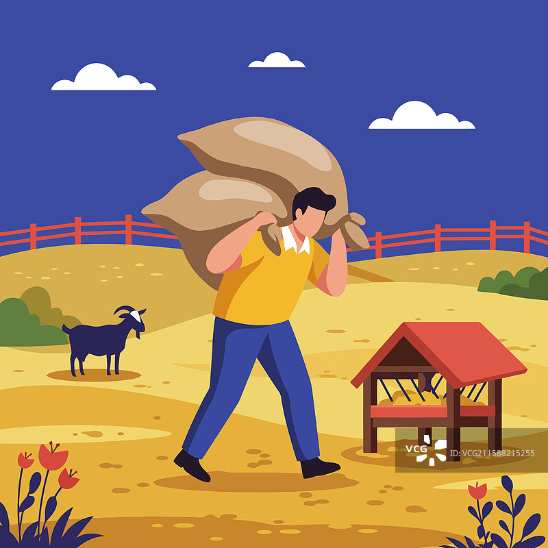 农民在田野中背着麻袋，身边有一只山羊。图片素材