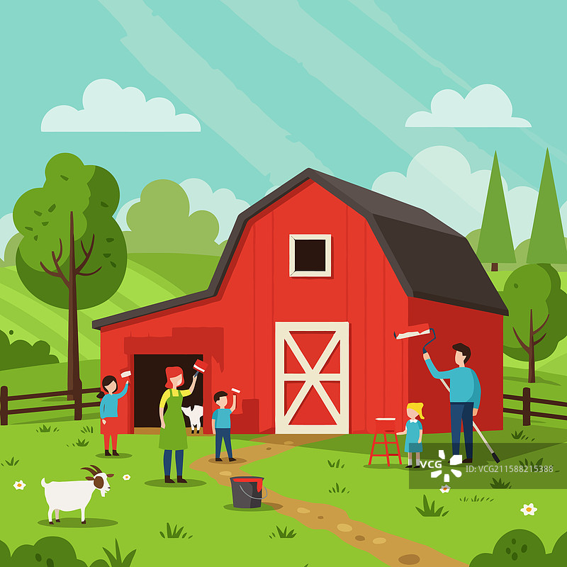 一家人在农场一起绘制红色谷仓的画作图片素材