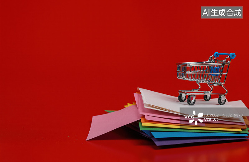 【AI数字艺术】迷你购物车置于彩色纸张堆上图片素材