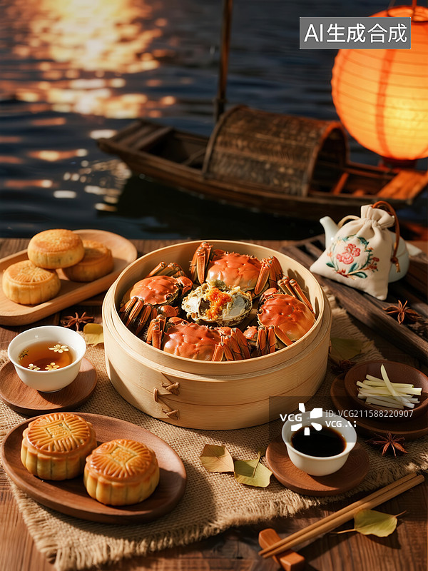【AI数字艺术】中秋佳节美食：蒸蟹与月饼图片素材