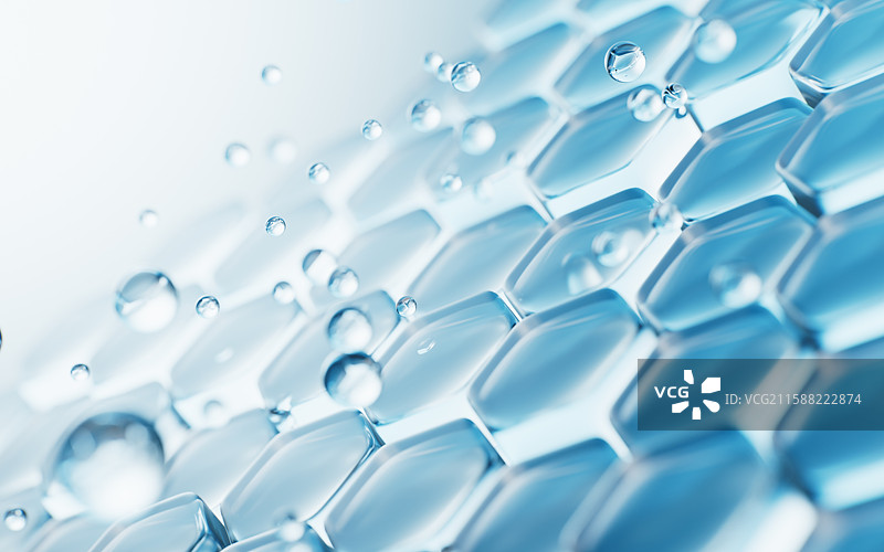 透明蓝色六边形背景与水珠三维渲染图片素材