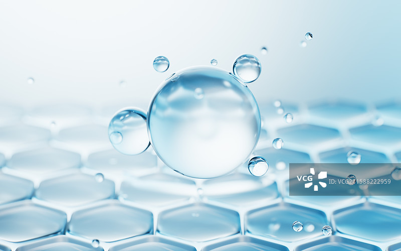 透明蓝色六边形背景与水珠三维渲染图片素材