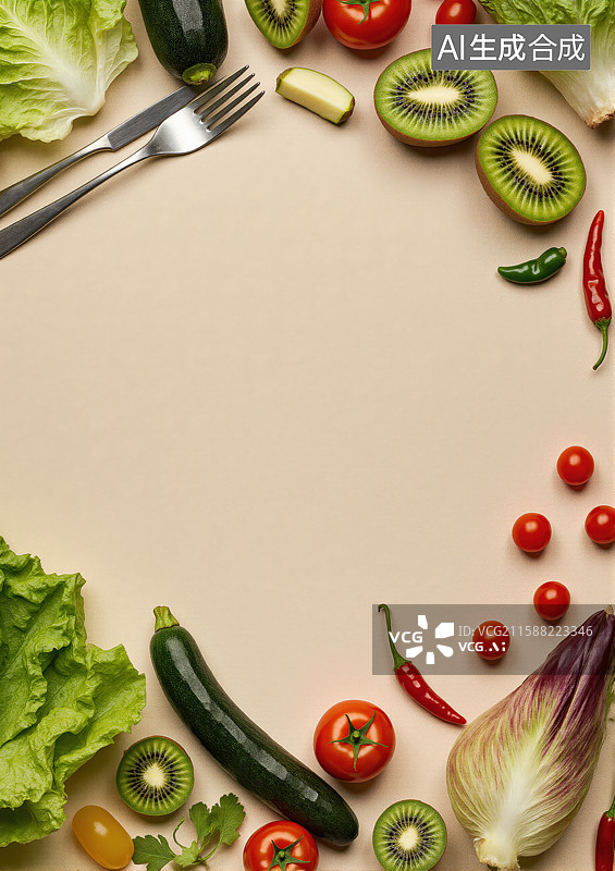 【AI数字艺术】新鲜果蔬围边的餐桌布置图片素材