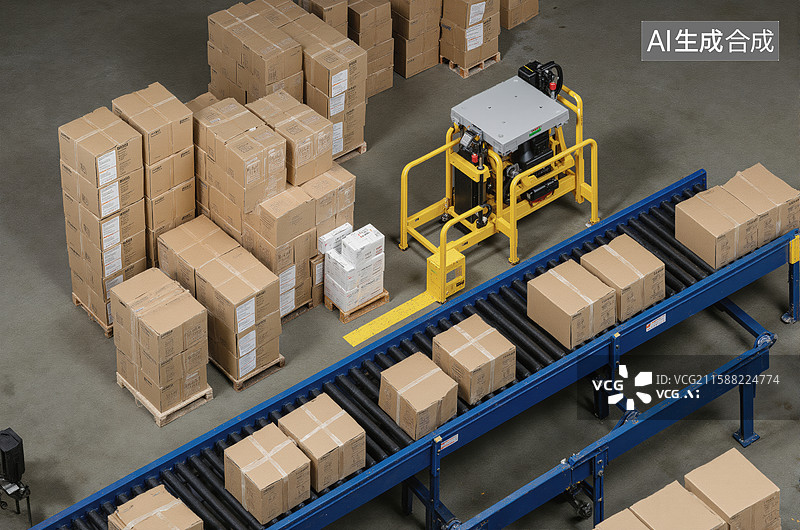 【AI数字艺术】仓库自动化输送带与堆叠纸箱图片素材