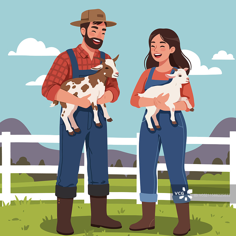 快乐的农民在农场上抱着小山羊图片素材