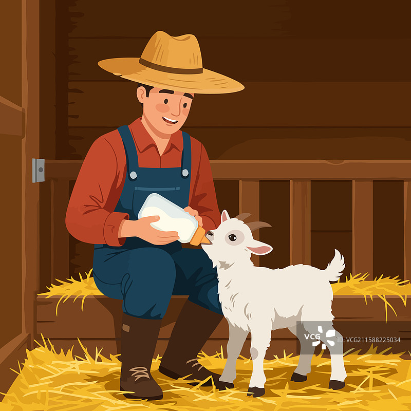 农民在谷仓里给小山羊喂奶的卡通画图片素材
