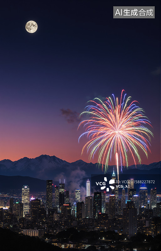 【AI数字艺术】城市夜景烟花绽放，满月高悬图片素材