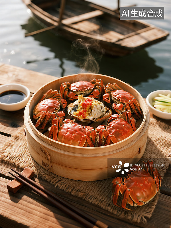 【AI数字艺术】蒸蟹热气腾腾，水上小舟相伴图片素材