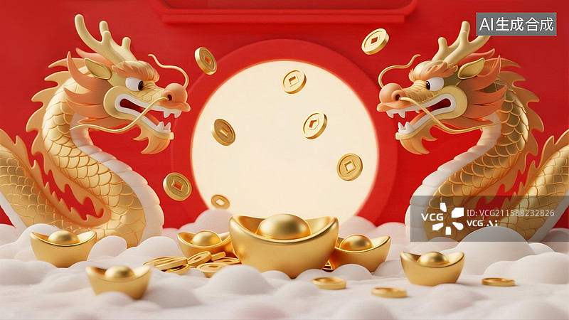 【AI数字艺术】红色背景下的金色双龙对峙图片素材