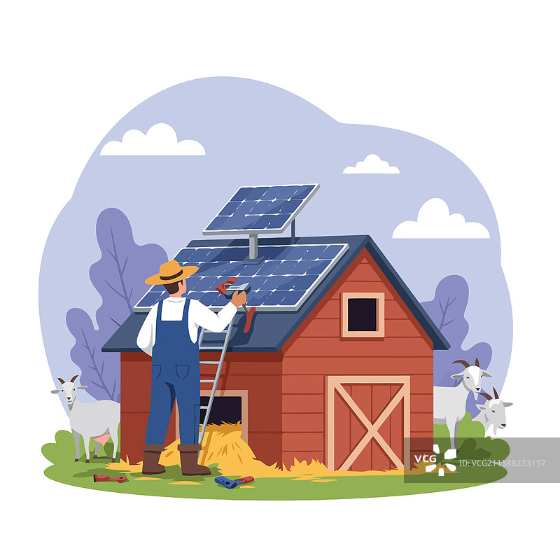 农民在谷仓屋顶上安装太阳能电池板图片素材