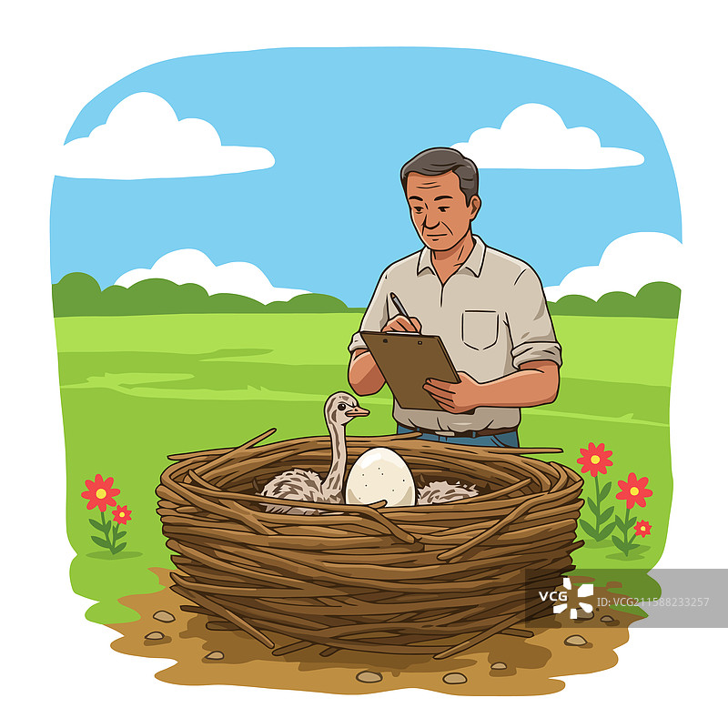 男人观察鸟巢，里面有小鸟和蛋。图片素材