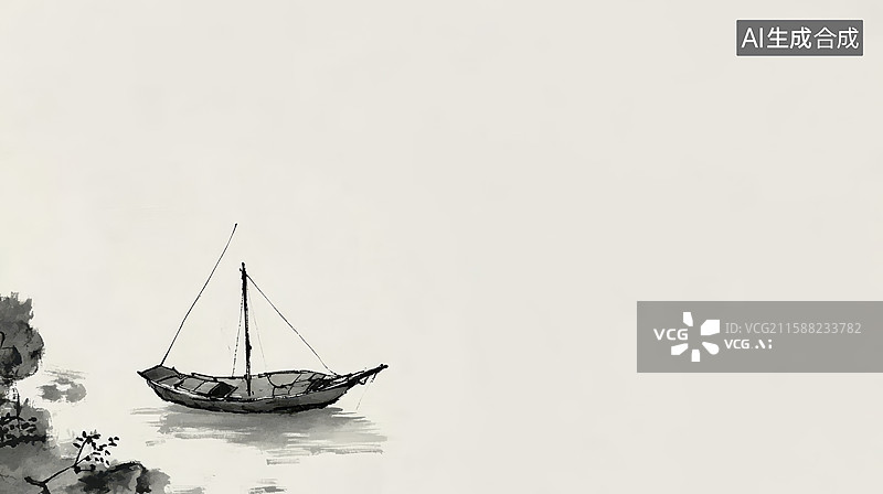 【AI数字艺术】孤舟静泊，水面微波图片素材