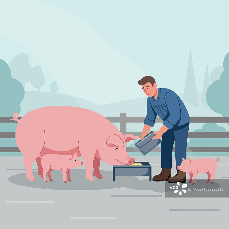 农民在农场里喂猪，周围有围栏和树木图片素材