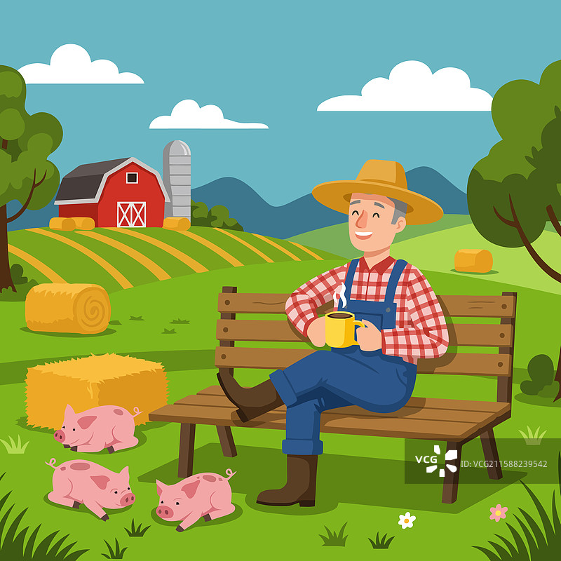 农民在农场的长椅上放松，手中拿着饮料图片素材